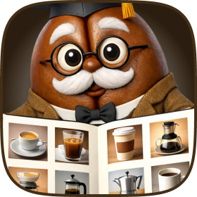 Professor Bean with a photo album of coffee drinks