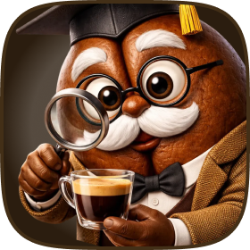 Professor Bean examining a cup of espresso with a magnifying glass