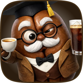 Professor Bean holding an espresso cup and a glass of coffee