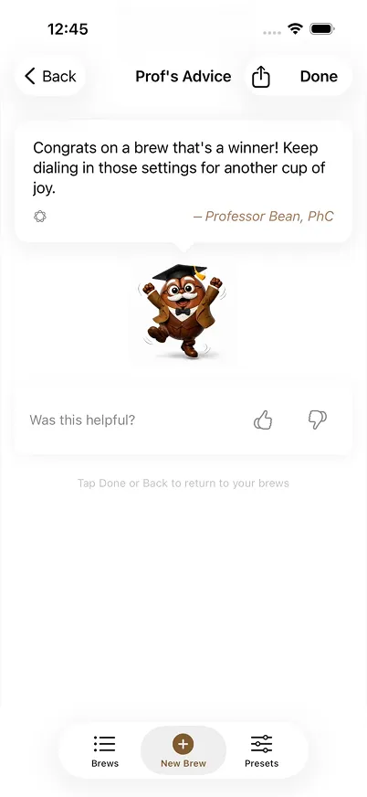Professor Bean giving brew-specific advice in the Prof Bean app