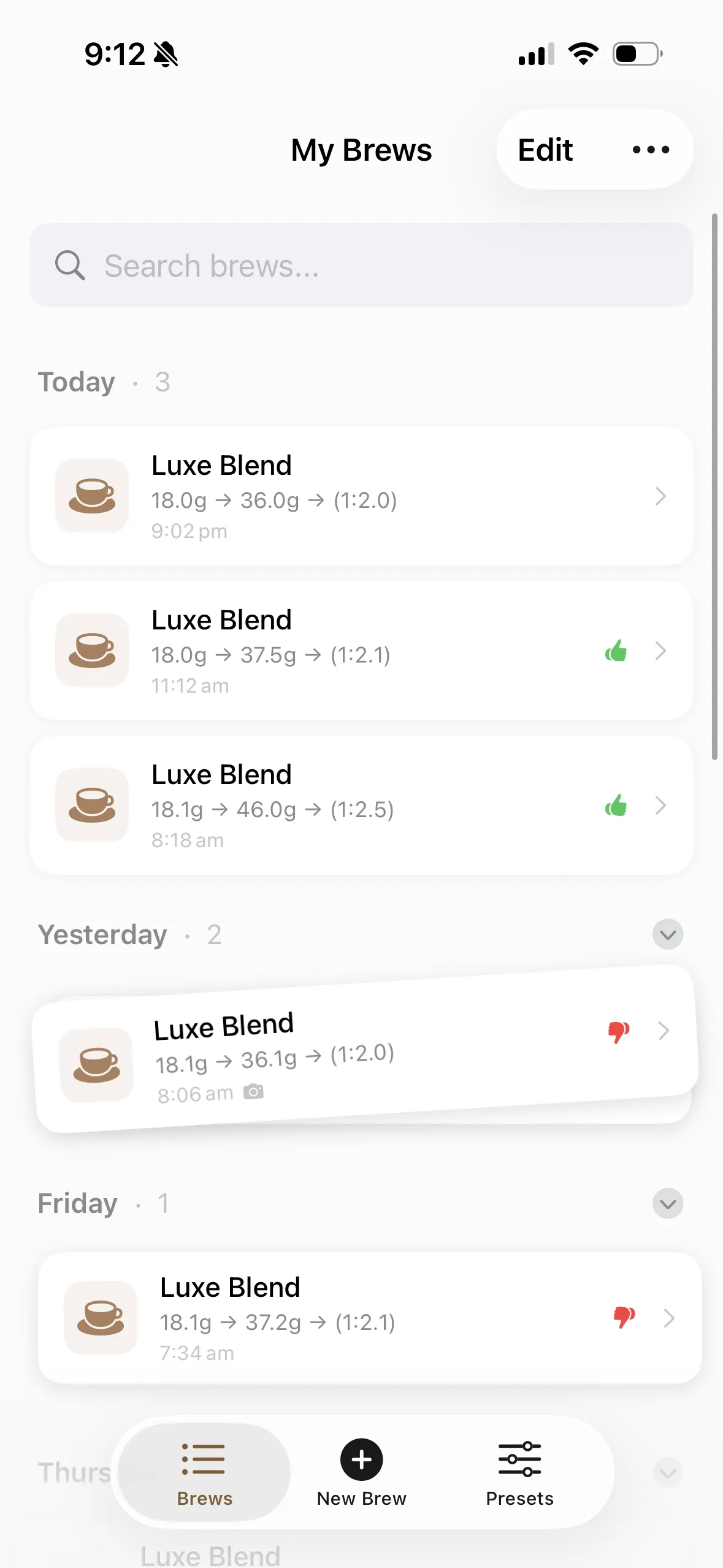 My Brews history showing logged brews with ratios and thumbs up/down