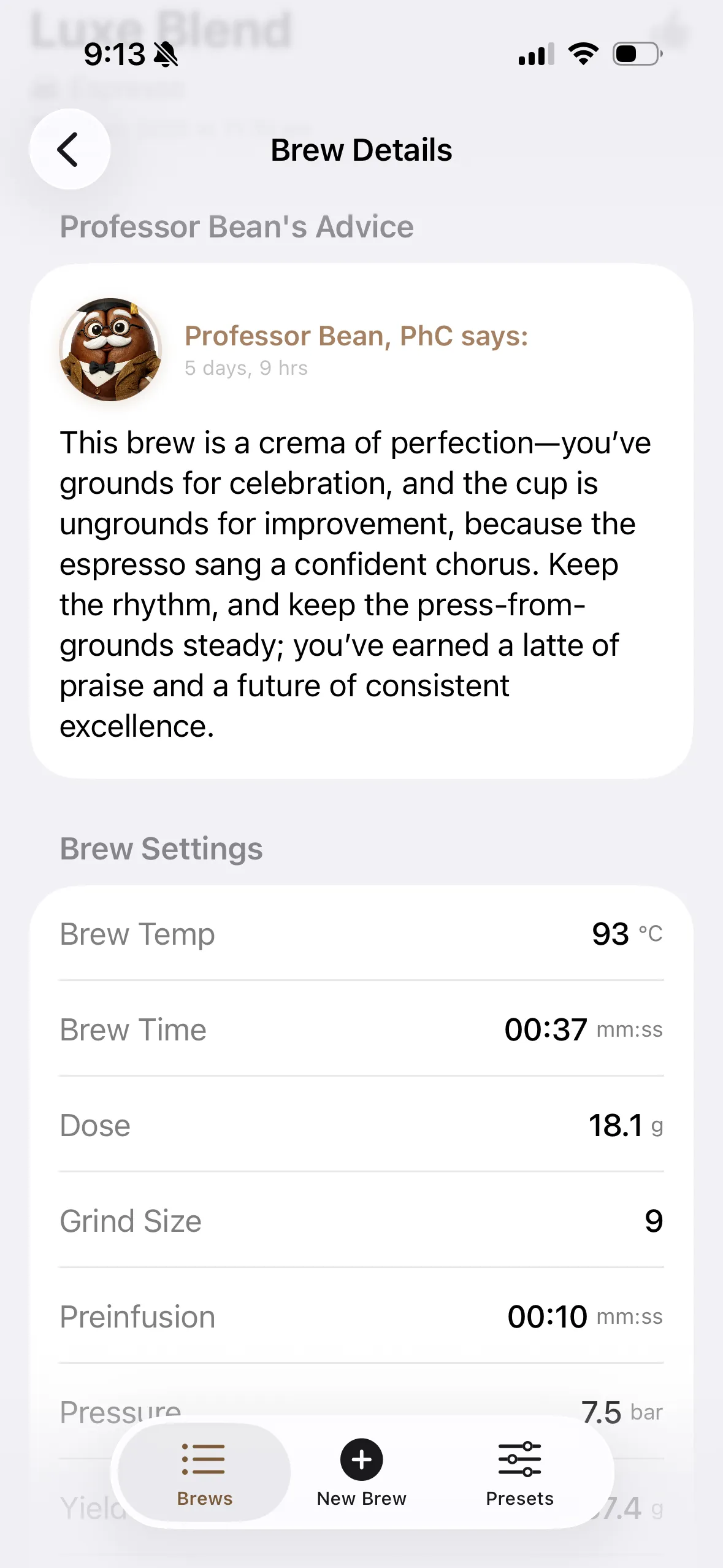Brew Details showing Professor Bean's advice with brew settings